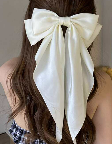 1pc White Bow Decor French Clip Long Tail French hair Bows for Women Girl, Satin Silky Bow Hair Barrett