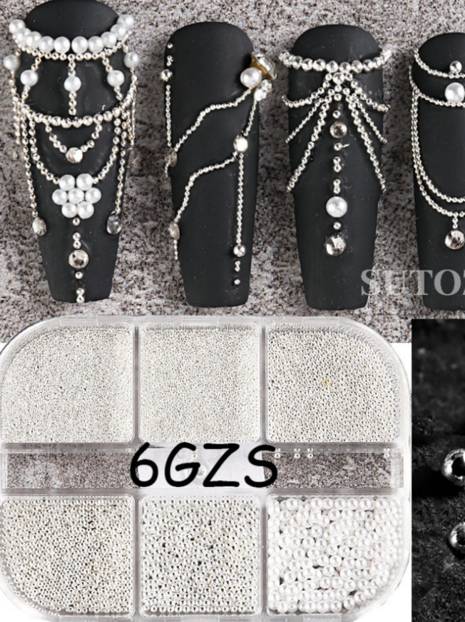 1box 6 Compartments 0.4mm-1.2mm Beads Nail Art Decoration