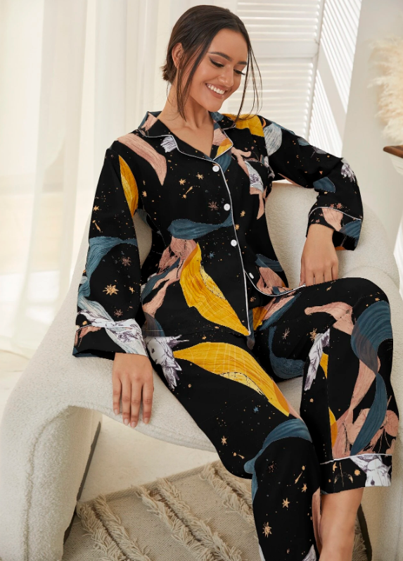 Bird & Plant Print Pocket Front PJ Set