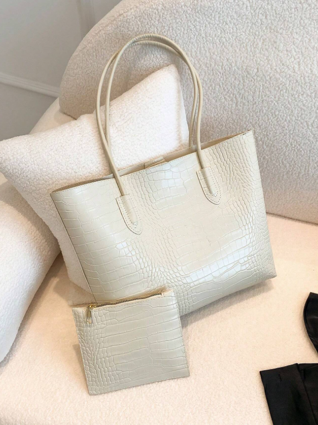 Crocodile Embossed Shoulder Tote Bag Double Handle With Coin Purse