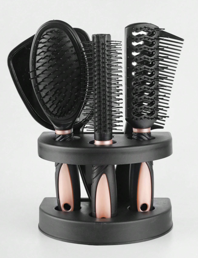 5pcs Hair Combs Set, 4pcs Hair Brush & 1pc Mirror, Cushion Hair Brush & Round Hair Brush & Ribs Comb & Wide Tooth Comb, Detangling Hair Home Barber Shop Salon Hairdressing Styling Tool With Mirror