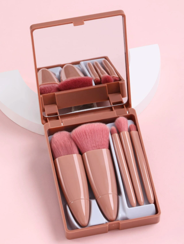 5pcs Makeup Brush With Storage Box , Travel Essentials,The box contains a mirror