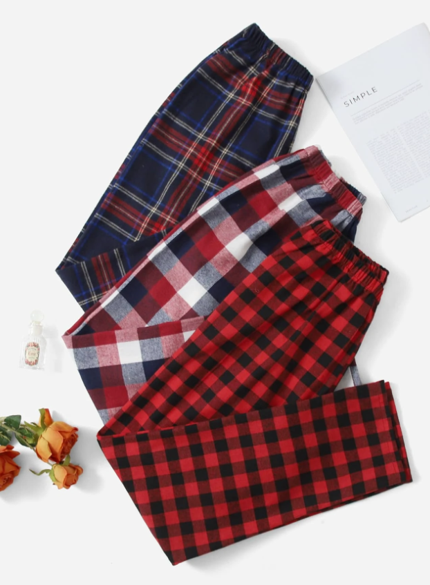 3pcs Tartan & Gingham Print Sleep Pants