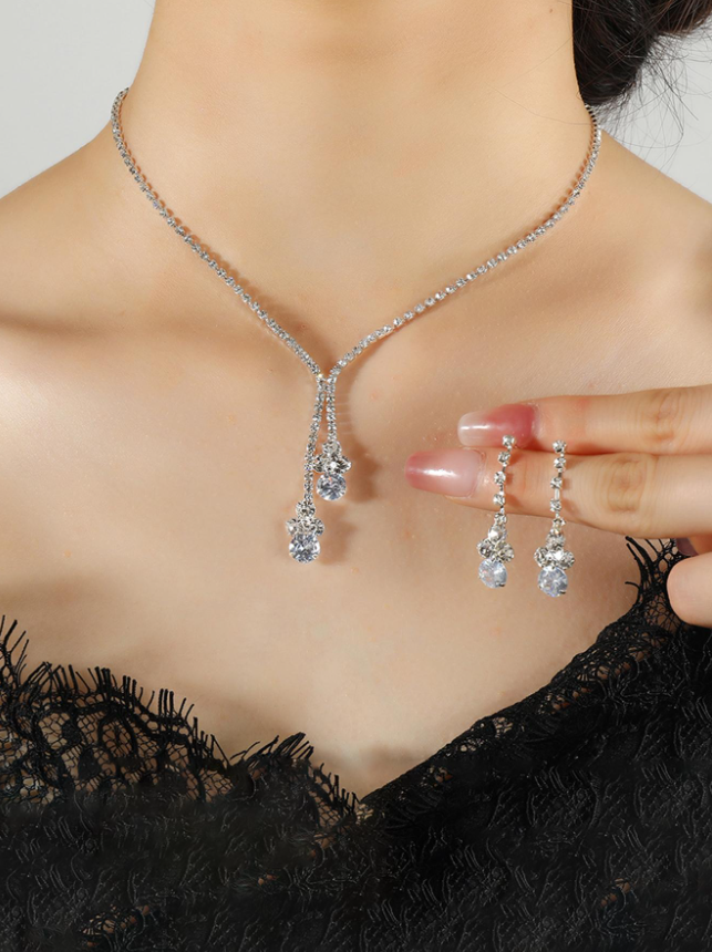 3pcs Women Rhinestone Decor Glamorous Bridal Jewelry Set For Wedding Party