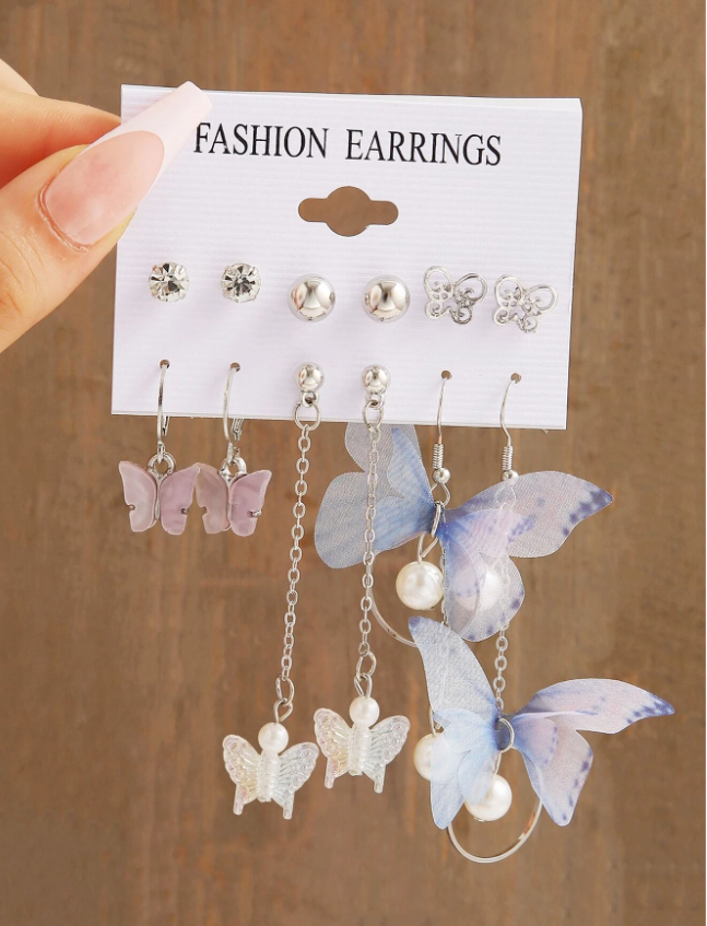 6pairs Butterfly & Faux Pearl Decor Drop Earrings