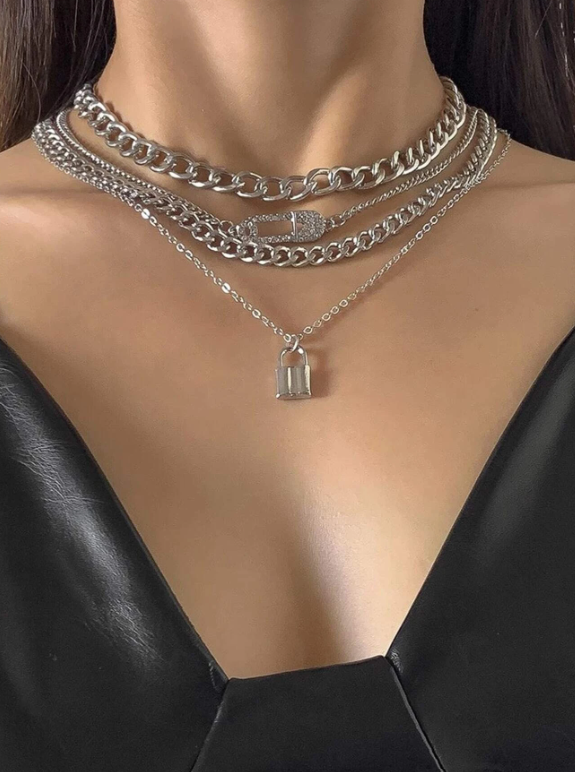 4pcs Rhinestone Safety Pin & Lock Decor Necklace