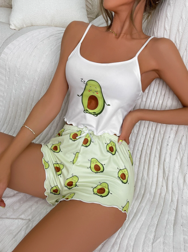 Cartoon Graphic Lettuce Trim Cami Top & Shorts PJ Set