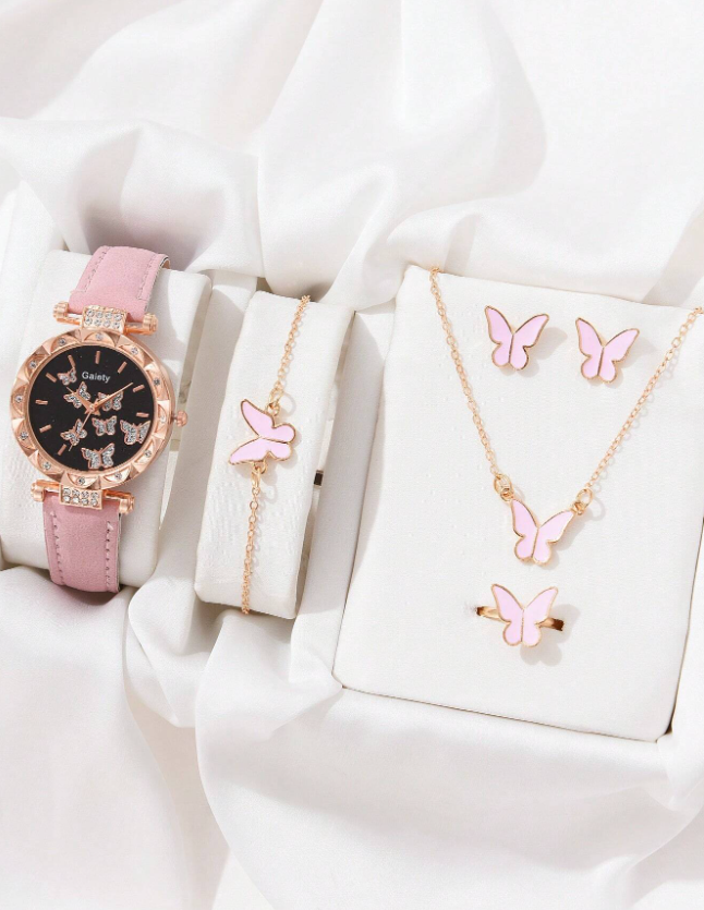 1pc Women Pink PU Polyurethane Strap Fashionable Rhinestone Decor Geometric Dial Quartz Watch & 5pcs Butterfly Decor Jewelry Set, For Daily Life
