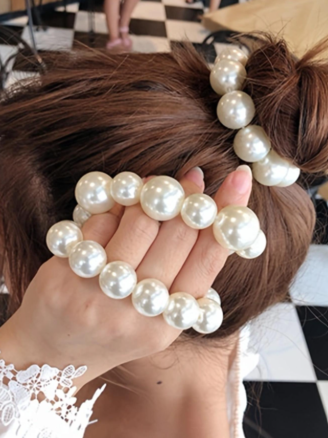 1pc Women Faux Pearl Beaded Hair Tie