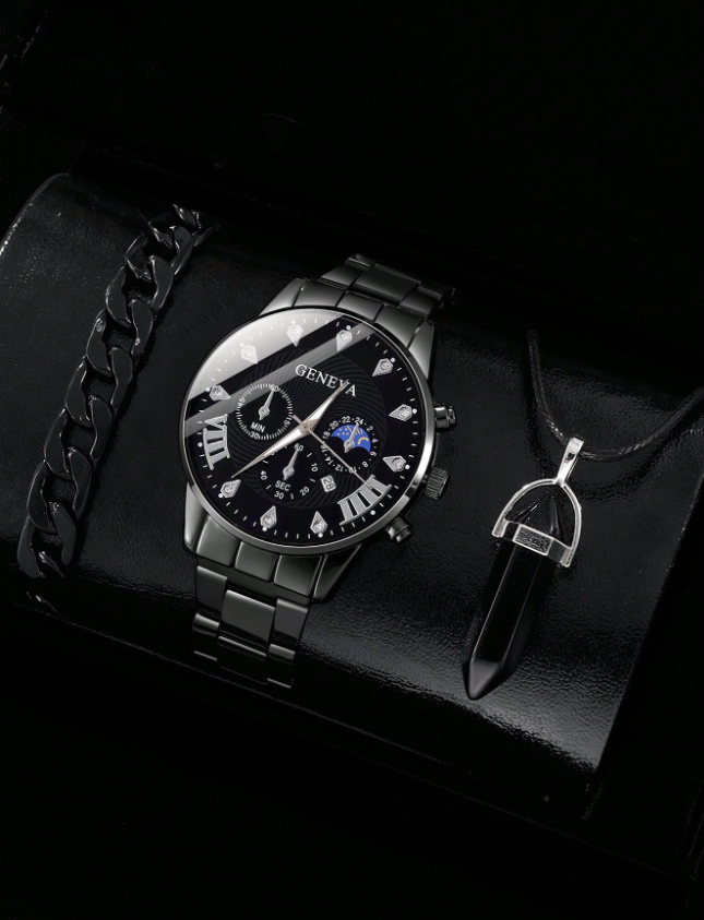 3 قطع تتكون من ساعة رجالية حجرية الكوارتز، مع عقد وسوار مجوهرات عصري