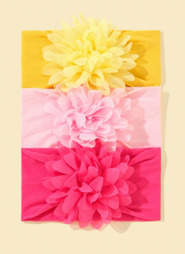 3 قطع/مجموعة من عصابات الرأس المصنوعة من النايلون للأطفال بلون موحد مع زينة زهور مرنة، مناسبة للرضع والأطفال الصغار