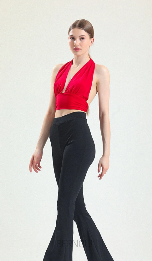 BERNOULLI Kadın Siyah Ispanyol Paça Dalgıç Kumaş Yüksek Bel Likralı Tayt Pantolon BLİSPANYOL