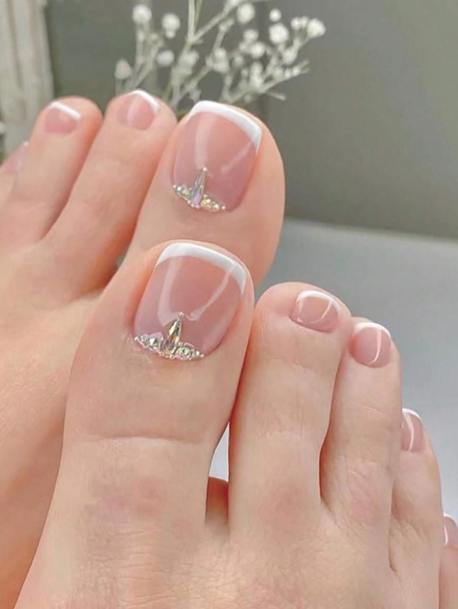 24 قطعة فرنسي قصير مربع بديكور حجر الراين أظافر قدم صناعية ورقة الشريط مع قطعة ملف الأظافر يضعط أظافر القدم