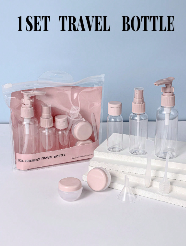 8 قطع وردي زجاجة سفر عدة مضاد للتسرب محمول مستلزمات المرحاض وعاء طقم شفاف حيوان اليف رحلة جوية مقاس مستحضرات التجميل وعاء مع ملصق