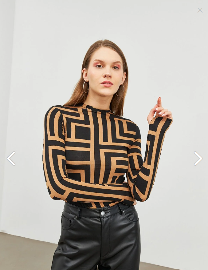 Bukamiss Kadın Camel Labirent Desenli Bisiklet Yaka Parmak Detaylı Body prmk1