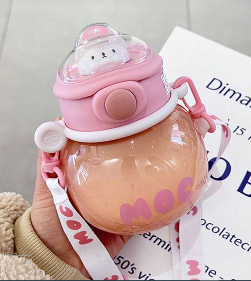 1pc 550ml/18.6oz Pink Cartoon Bear Straw Cup, Reusable Water Bottle, Portable Belly Cup With Strap, Suitable For School, Camping, Traveling, Hiking, Birthday Gift, Christmas Gift, Halloween Gift