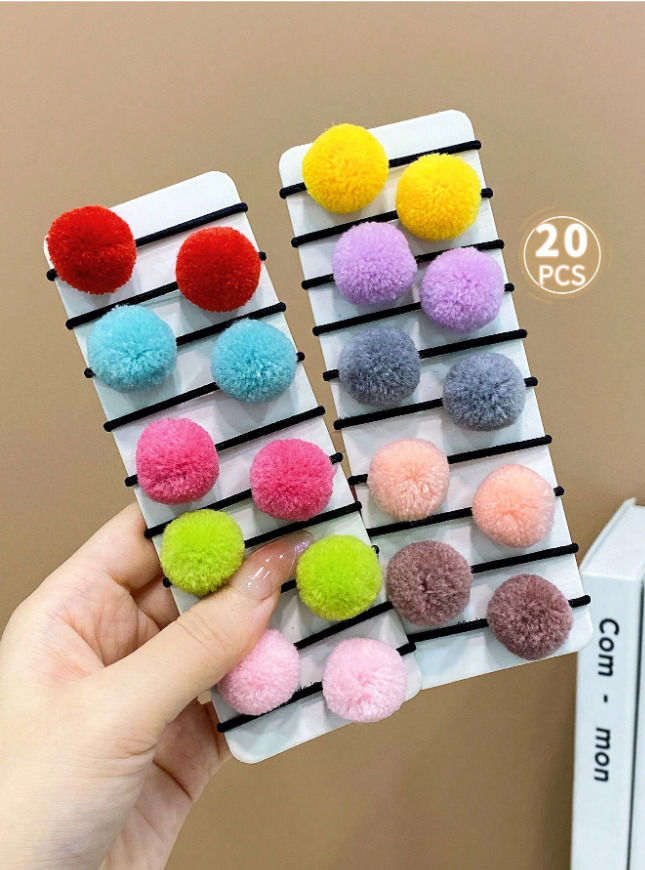 20 حبة من ربطات الشعر الحلوة للفتيات مزينة بالبوم بوم بألوان الحلوى ومرنة للشد