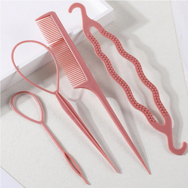 4قطع / مجموعة أدوات تصفيف شعر الأطفال تشمل صانع الخرمة، مشابك الشعر، مشط وأداة تضفير، مناسبة للاستخدام اليومي