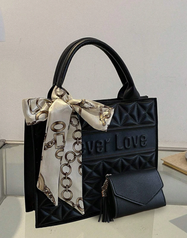 2 قطع حقيبة مربعة مبطن نمط عبارة مزخرف بوش يد , حقيبة كتف محفظة طقم , المحترفين اعمال عمل حقيبة يد