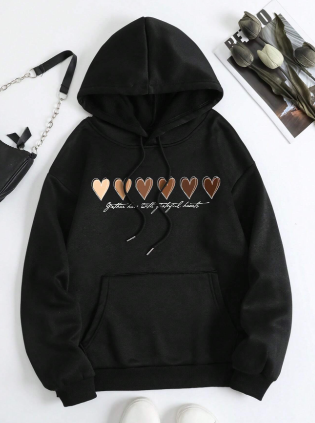 Heart Print Kangaroo Pocket Drawstring Thermal Lined Hoodie