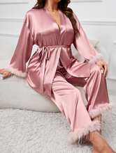 Load image into Gallery viewer, Plus Fuzzy Trim Belted Satin Robe &amp; Pants PJ Set
