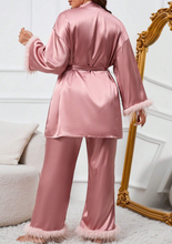 Load image into Gallery viewer, Plus Fuzzy Trim Belted Satin Robe &amp; Pants PJ Set
