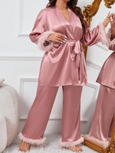 Load image into Gallery viewer, Plus Fuzzy Trim Belted Satin Robe &amp; Pants PJ Set
