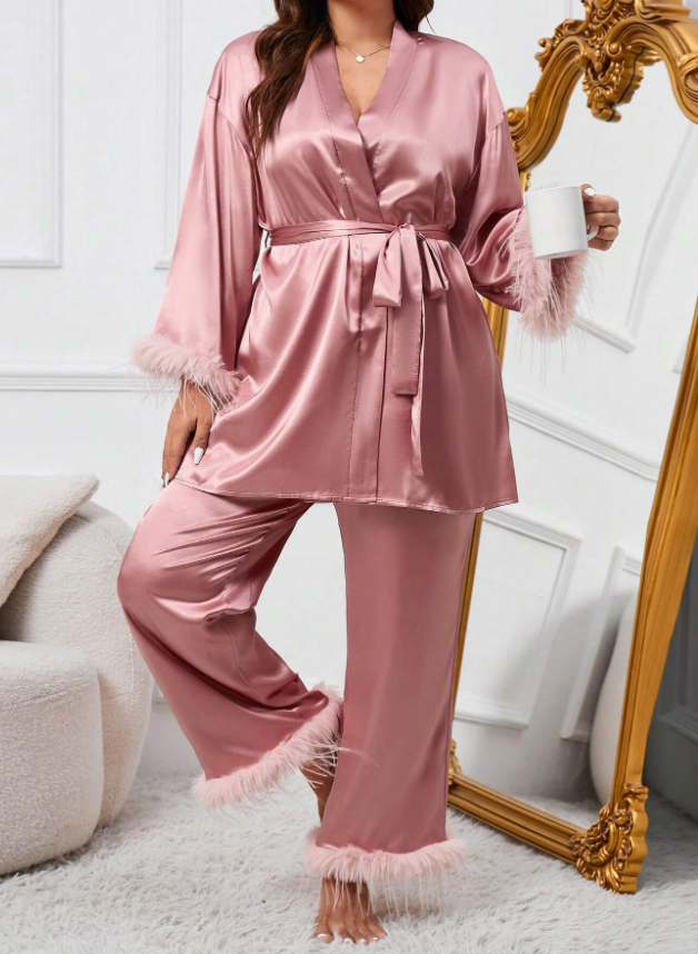 Plus Fuzzy Trim Belted Satin Robe & Pants PJ Set