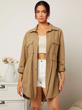 Load image into Gallery viewer, SHEIN Essnce Roll Tab Sleeve Flap Pocket Drawstring Waist Shirt
