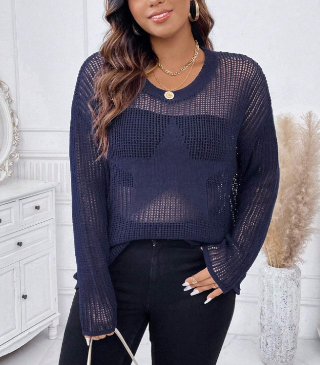 SHEIN Privé Plus Drop Shoulder Open Knit Sweater Without Bra