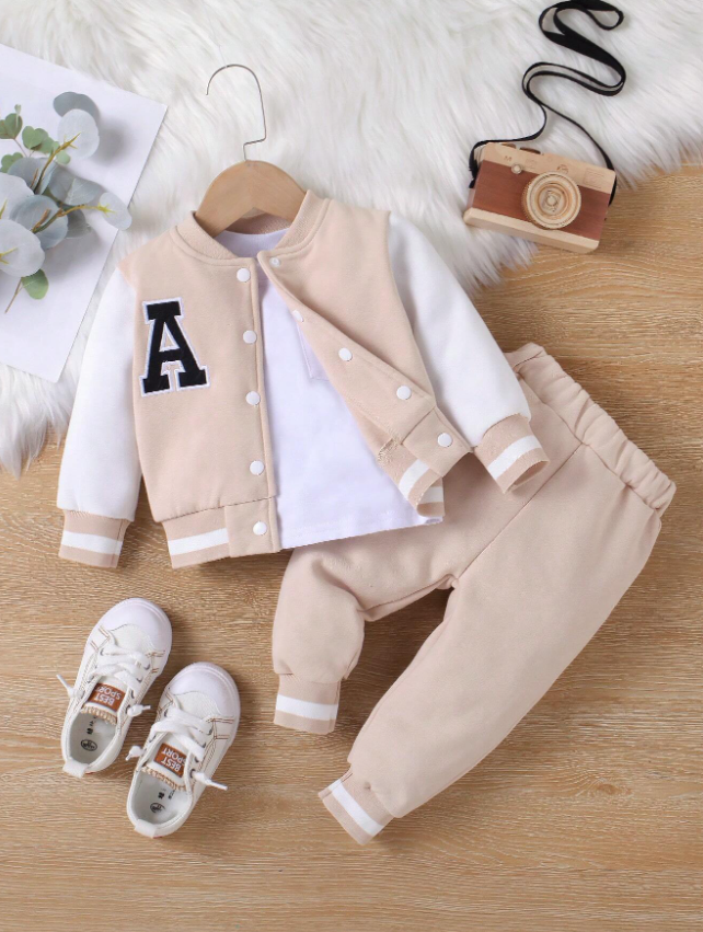 Baby Boy Letter Embroidery Striped Trim Varsity Jacket & Sweatpants Without Tee