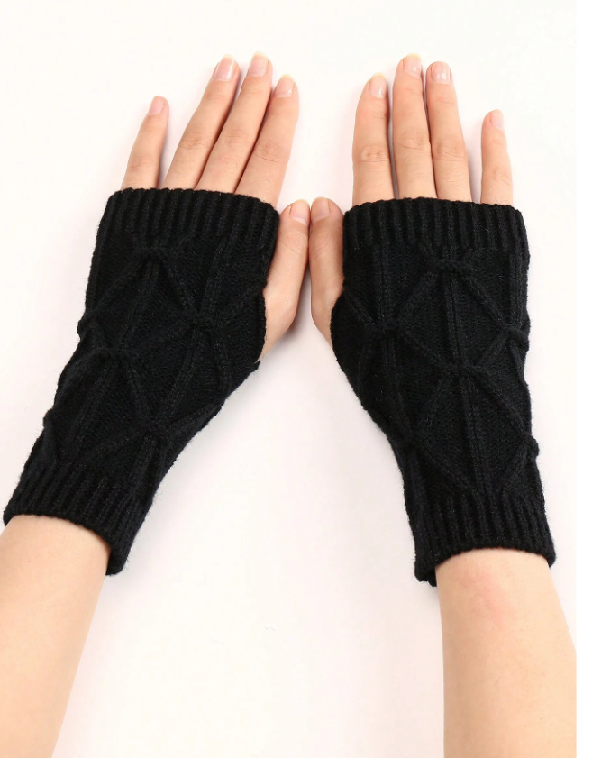 1pair Women's Black Plaid Pattern Knitted Fingerless Gloves, Warm Short Wrist Arm Winter Sleeve For Fashion