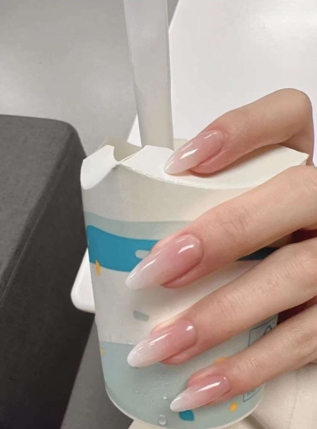 24قطع/طقم طويل لوز شكل موديل فرنسي أزهار الكرز & حليب أبيض ألوان متدرجة مزيف قطعة مسمار مع قطعة واحدة هلام جل و قطعة واحدة مبرد أظافر