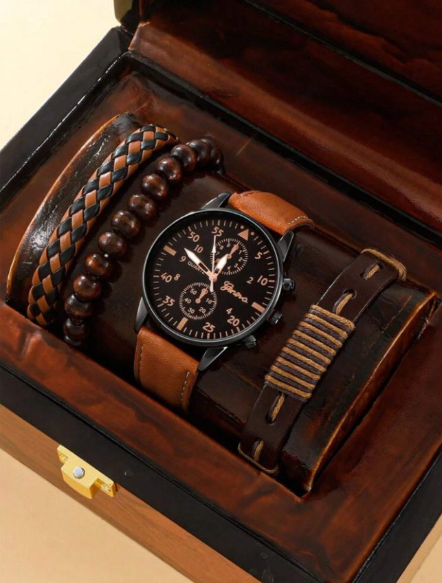 4 قطع طقم الجديد للرجال ساعات فاخر طقم سوار موضة اعمال بني جلد كوارتز رسغ ساعات للرجال هدية طقم