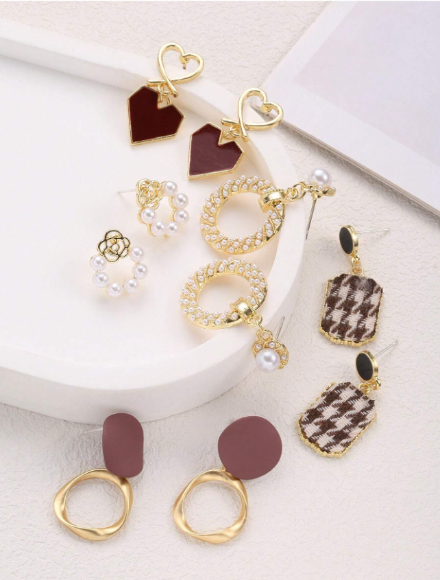 5 زوج/مجموعة من الأقراط المتدلية المصنوعة من خليط معدني عتيق مرصعة باللؤلؤ وحجر الراين على شكل قلب، مناسبة للارتداء اليومي للنساء