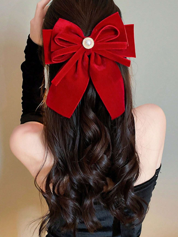 1 stuk Rood Meerlaags Fluweel Strik Haaraccessoire Met Strass En Parels Voor Bruiloft , Verloving , Feestjes En Overige Gelegenheden