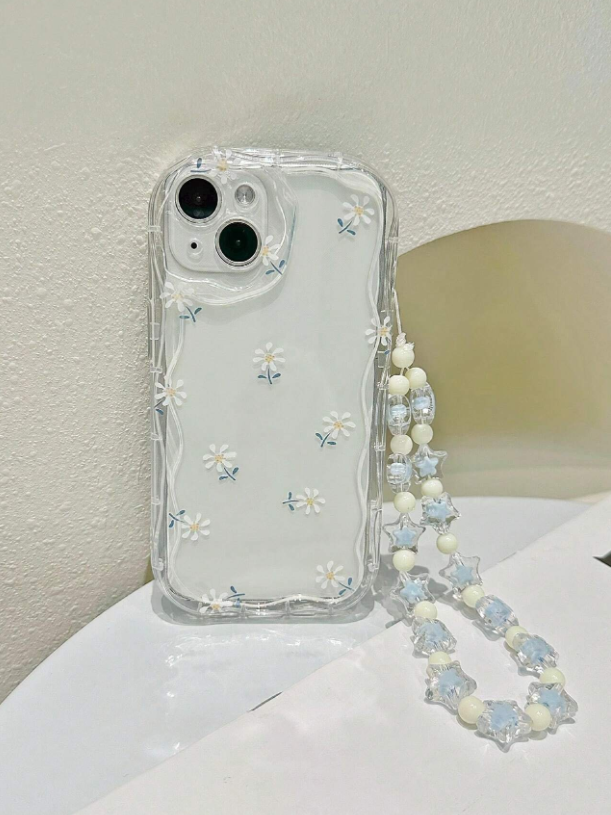 Crèmekleurig patroon bedrukt telefoonhoesje met beschermhoes en ketting, compatibel met Apple iPhone 15/15Plus/15Pro/15Promax en Huawei