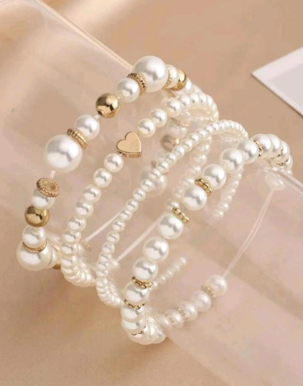 4قطعات/طقم لؤلؤة تقليد قلب سلسلة خرز طقم سوار