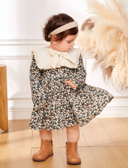 Cozy Cub فستان سموك بطباعة أزهار اقحوان عقدة الفراشة أمامية ياقة كبير مبالغ فيه للبنات الاطفال