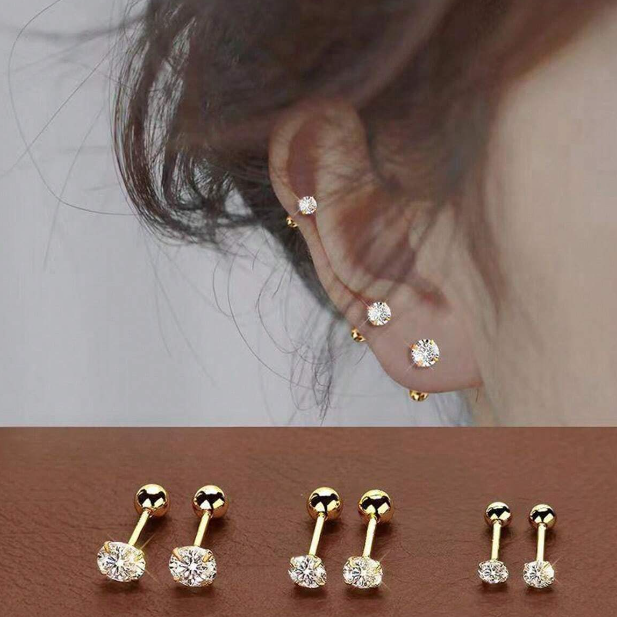 3أزواج من مسامير الأذن بتصميم اللولب الكلاسيكي باللون الذهبي، أقراط كوبيك زركونيا دائرية للنساء ، لبس يومي للجنسين