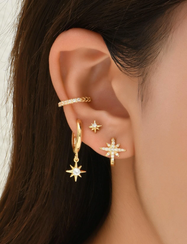 7 قطع مكعب زركونيا زخرفة نجمة اقراط نحاس مجوهرات