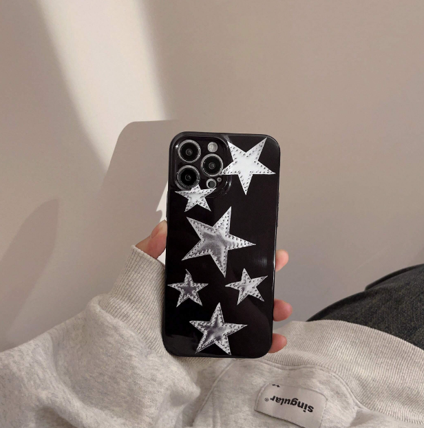 1 Pièce Gucadi Étui De Téléphone À Cinq Étoiles Brillant Noir Et Argent Pour Apple Iphone