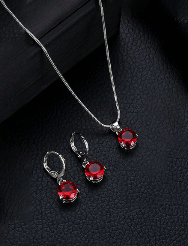 3 pièces/set à la mode en alliage de zinc rouge géométrique à strass Pendants d'oreilles & Collier avec pendentif