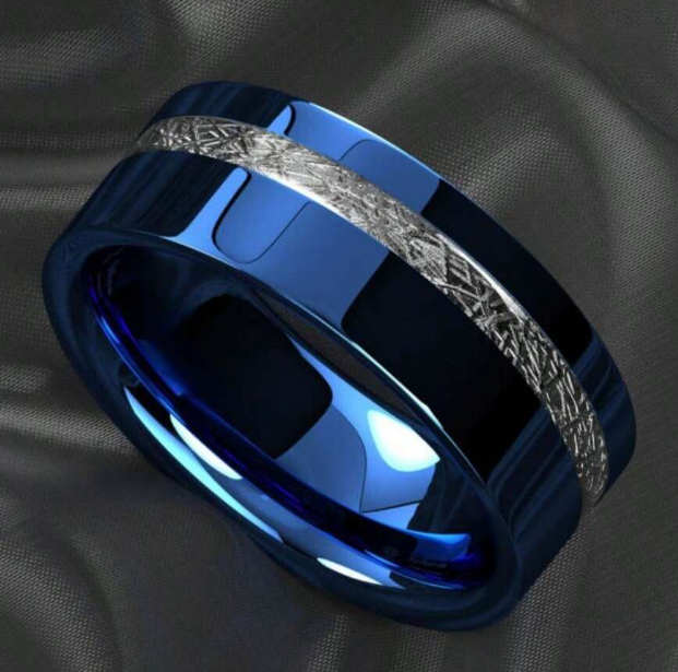 Bague Bleue En Acier Inoxydable De 8mm Avec Incrustation De Météorite Pour Couples D'hommes Et De Femmes, Ajustement Confortable Pour La Bague De Mariage Et De Fiançailles Pour Hommes Et Femmes