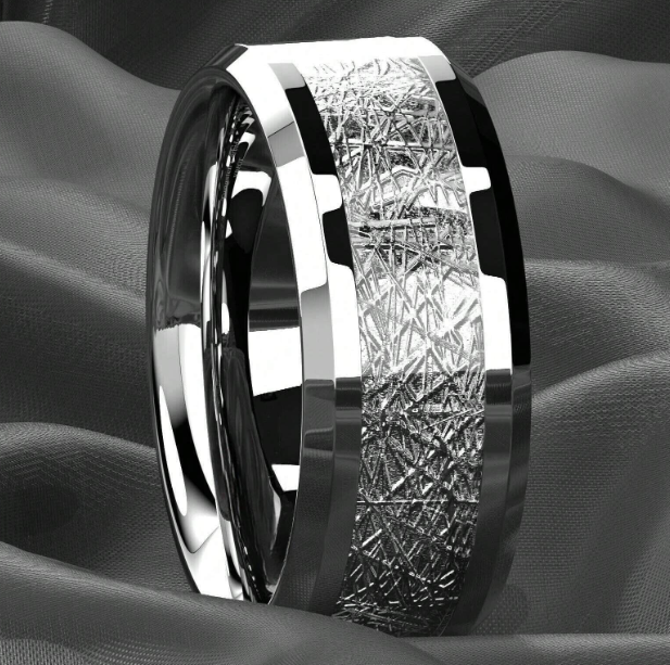 Bague De Mariage Atop Jewelry En Acier Inoxydable Argenté De 8mm Avec Incrustation De Météorite Simulée Couleur Argent, Alliance