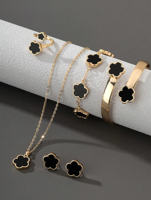 1 Pièce Bracelet À Trèfle Chanceux, Collier, Boucles D'oreilles, Bracelet À Chaîne Et Bague Assortis