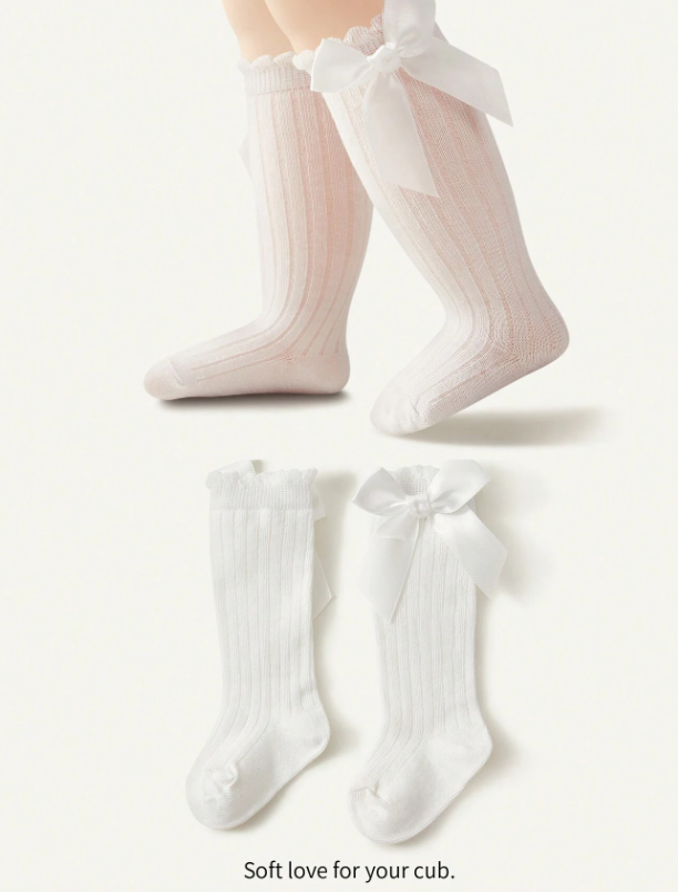 Cozy Cub 1 Paire De Chaussettes Hautes Pour Fillettes Blanches Avec Nœud