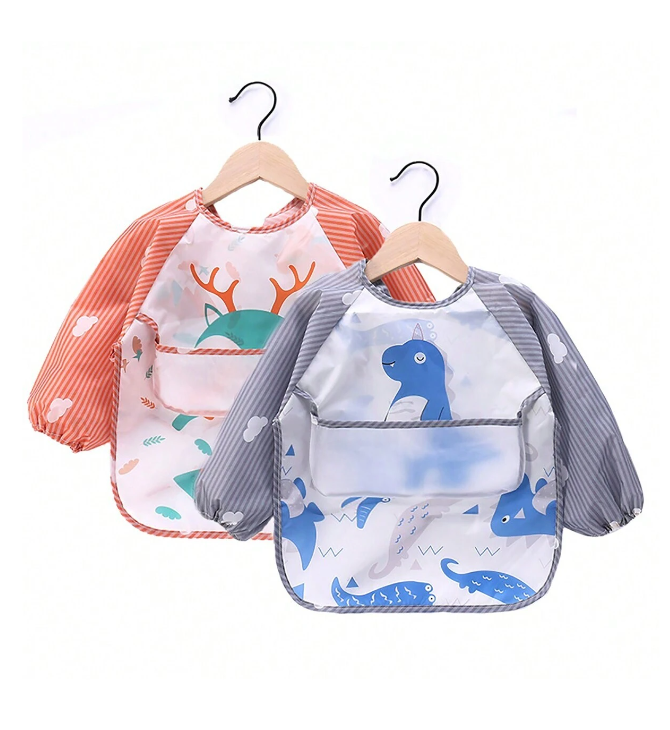 1 Pièce Bavoir De Bébé Gris Dinosaure Et Tablier Imperméable À Manches Longues Pour Nourrissons, Garçons Et Filles, Vêtements Réversibles, Avec Poche Attrapeur