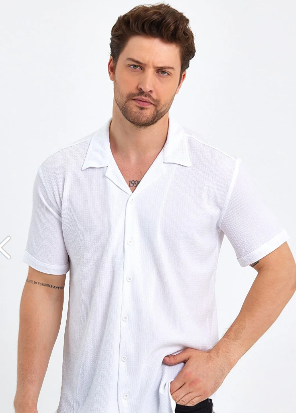 CLIPMAN Erkek Slim Fit Kendinden Desenli Keten Apaş Yaka Kısa Kollu Gömlek Beyaz34