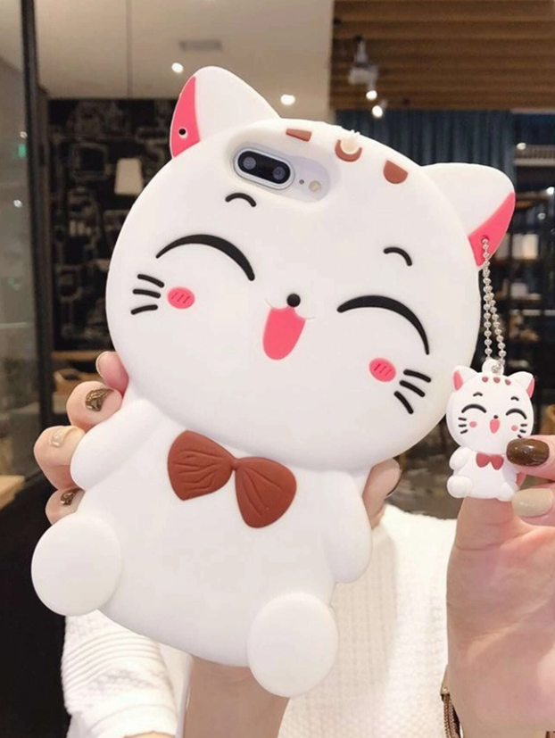 Cartoon Cat Pattern Silicone Phone Case With Pendant